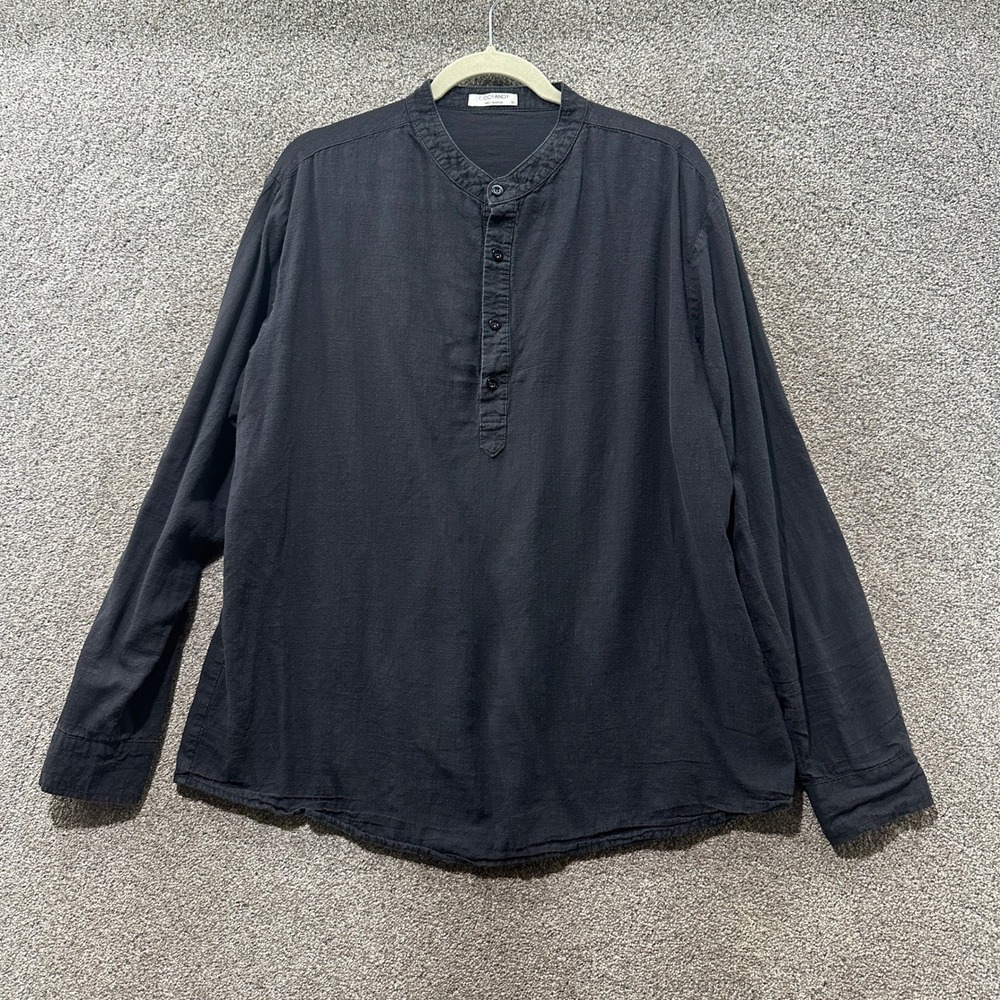 COOFANDY Mens XL Black Cotton Hemp Henley Shirt Band Collar Roll Tab Long Sleeve